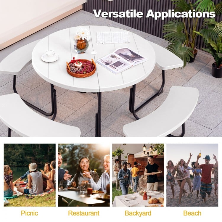 8-person outdoor picnic table and bench set in white, featuring a durable design for gatherings and versatile.