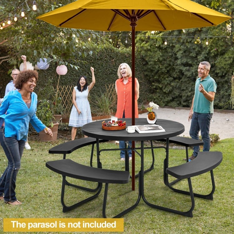 8-person outdoor picnic table set in black with benches, featuring a sturdy design for gatherings and an umbrella hole.
