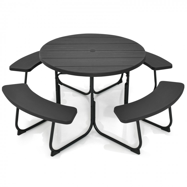 Round black picnic table set with benches, crafted from HDPE, suitable for 8 people, featuring an umbrella hole.