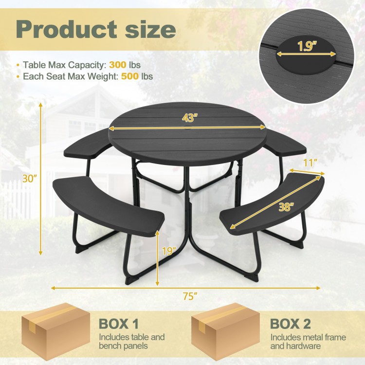 8-person outdoor picnic table set with black HDPE surface, featuring an umbrella hole and sturdy metal frame for.