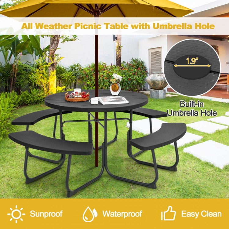 Round black picnic table set for 8 with umbrella hole, made of all-weather HDPE, ideal for outdoor gatherings.