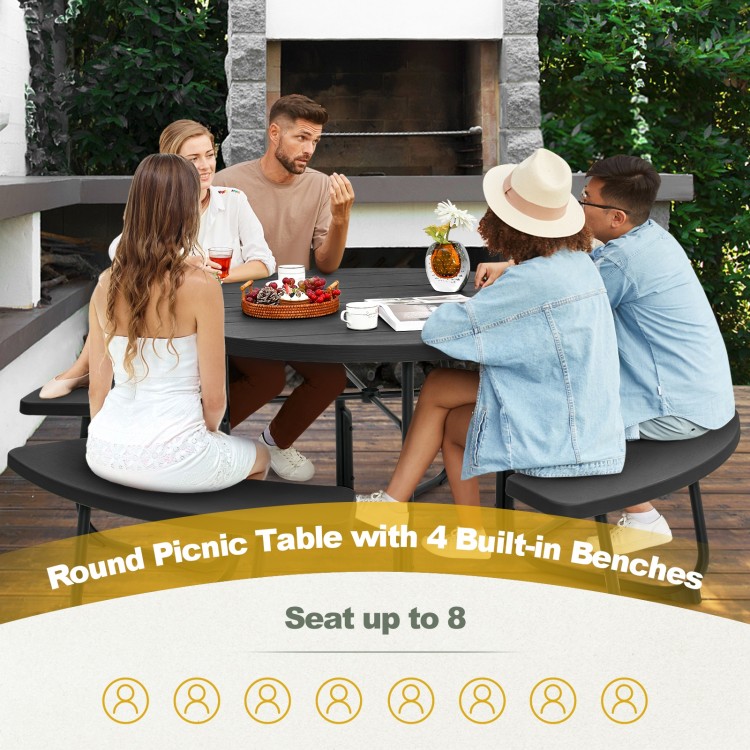 Round outdoor picnic table with 4 built-in benches, seating up to 8, crafted from all-weather HDPE for durability.