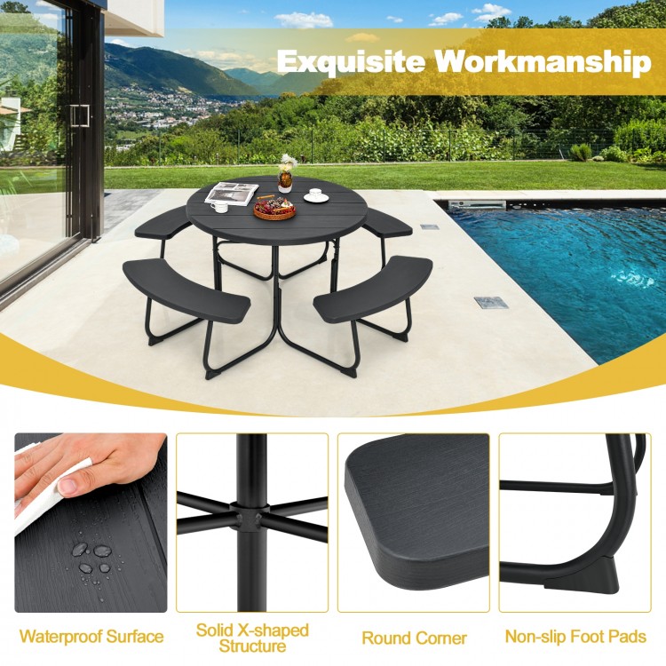 8-person outdoor picnic table set with black HDPE surface, X-shaped metal frame, and umbrella hole for gatherings.