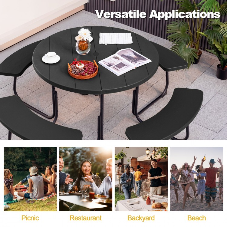 8-person outdoor picnic table and bench set in black, featuring a sturdy design for versatile use at gatherings and.