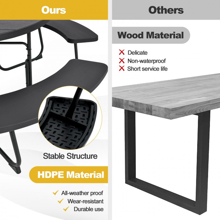 Close-up of the 8-person outdoor picnic table set made of durable HDPE material, featuring a stable metal frame and.