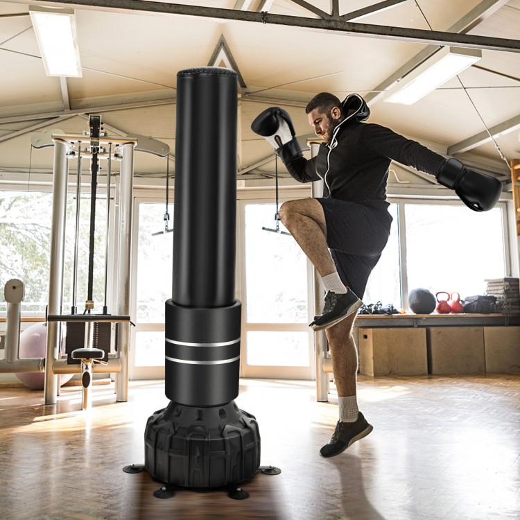 Freestanding 71-inch punching bag with 25 suction cups, designed for boxing and kickboxing training, includes gloves.