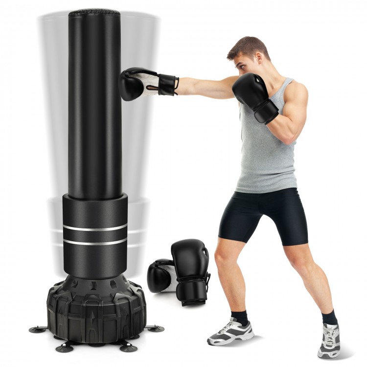 Freestanding 71-inch punching bag with 25 suction cups, includes boxing gloves for boxing and kickboxing training.