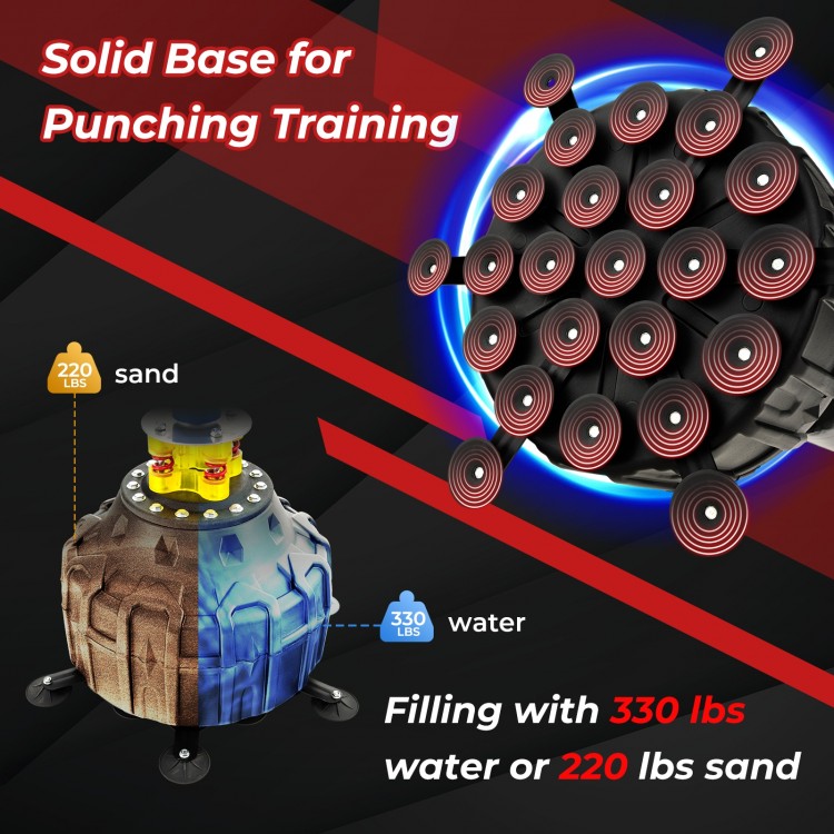 Freestanding punching bag with solid base, 25 suction cups, and multi-layer design for boxing and kickboxing training.