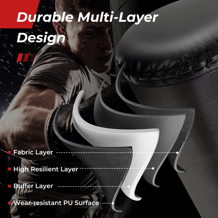 Freestanding 71-inch punching bag with multi-layer design, PVC shock absorber, and 25 suction cups for stability.