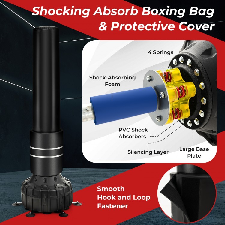 Freestanding 71-inch punching bag with PVC shock absorber and 25 suction cups for stability during training.