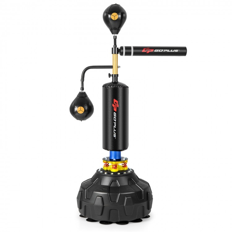 Freestanding boxing speed trainer with adjustable height, dual speed balls, and a 360° spinning bar for agility.
