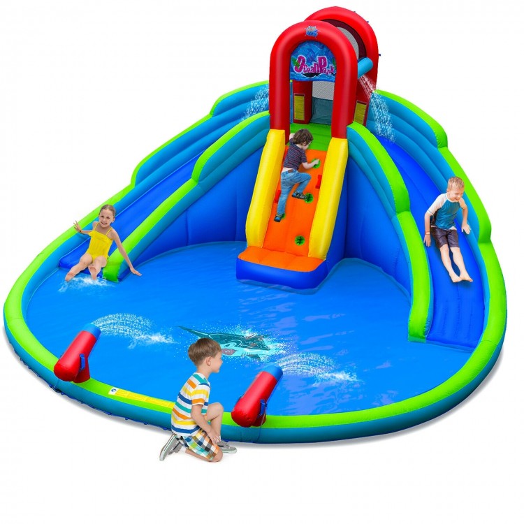 Inflatable waterslide bounce house featuring two slides, climbing wall, and splash pool, designed for kids aged 3-10.