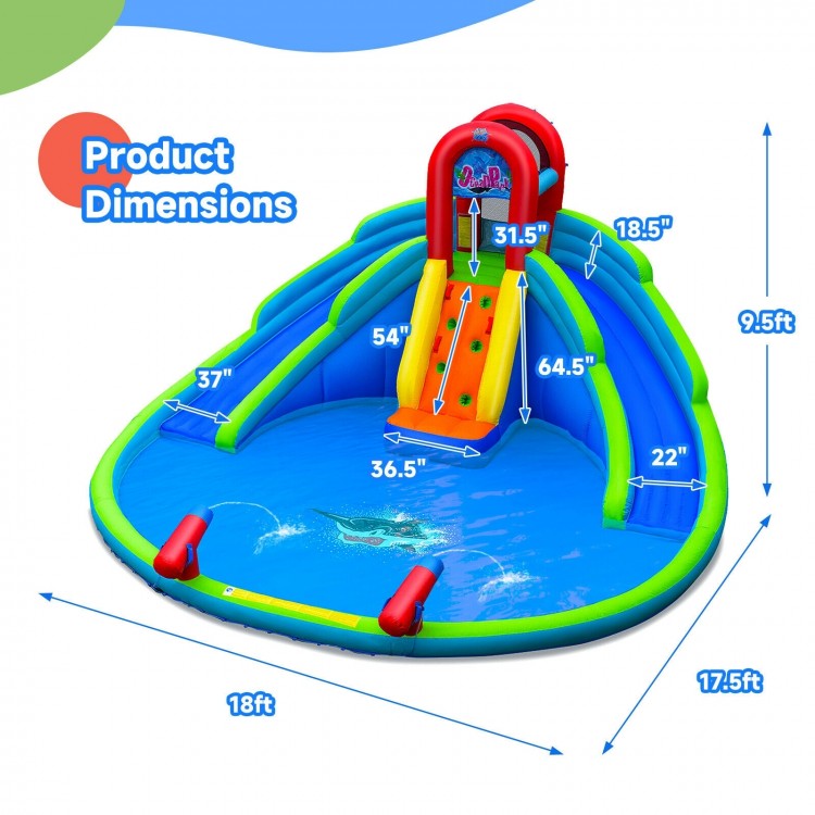 Inflatable waterslide bounce house dimensions with two slides, climbing wall, and splash pool for outdoor fun.