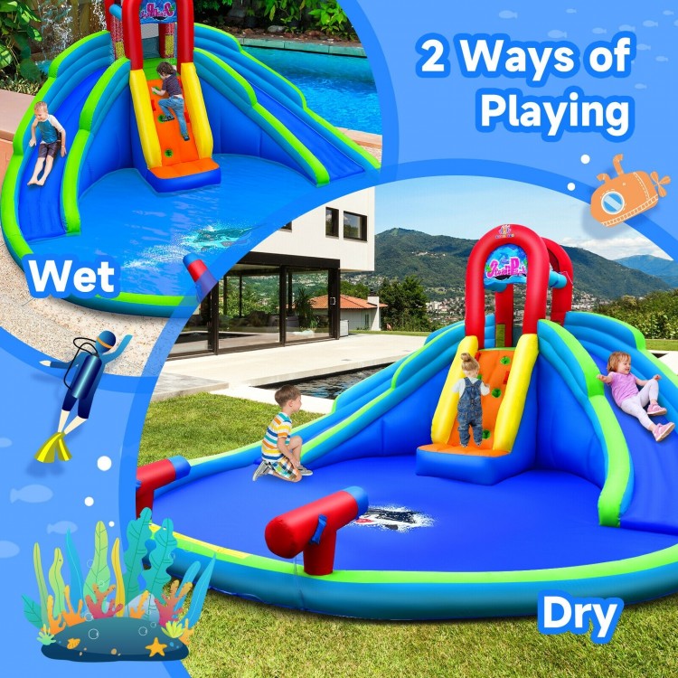 Inflatable waterslide bounce house featuring two slides, climbing wall, and splash pool for wet and dry play.