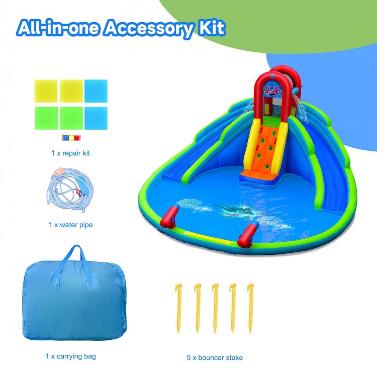 Inflatable waterslide bounce house with dual slides, splash pool, and complete accessory kit for year-round fun.