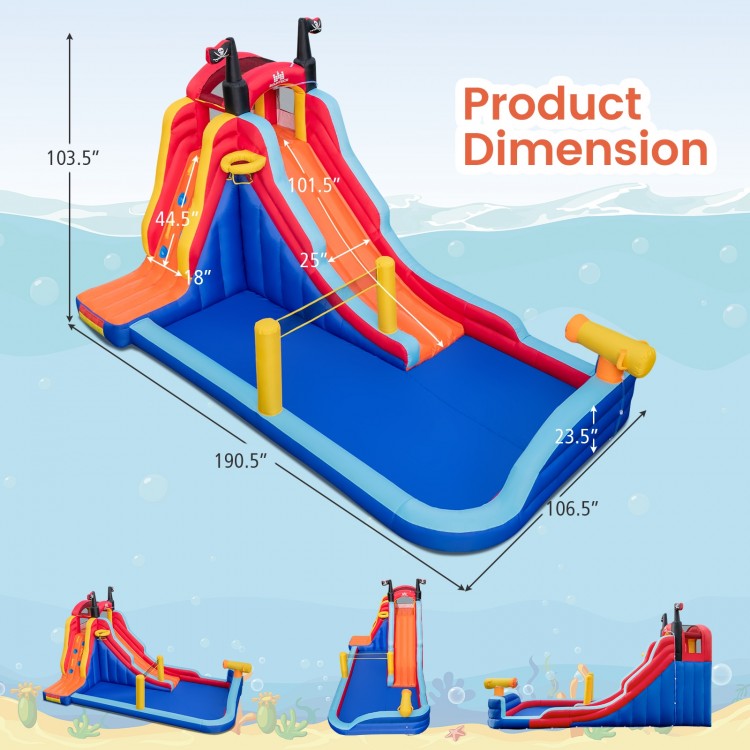5-in-1 inflatable bounce house with two water slides and large splash pool, perfect for outdoor fun and play.