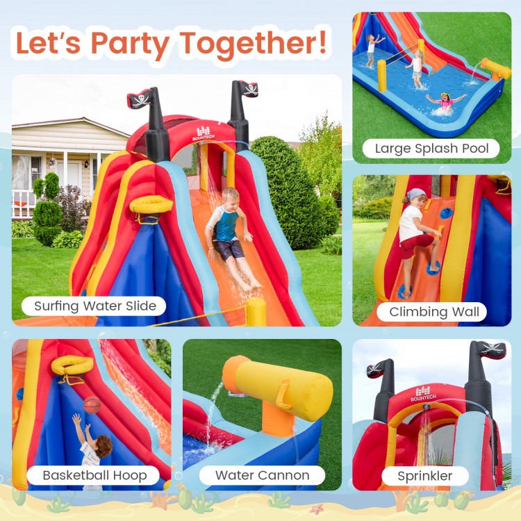 5-in-1 inflatable bounce house featuring dual water slides, splash pool, climbing wall, and basketball hoop for outdoor.