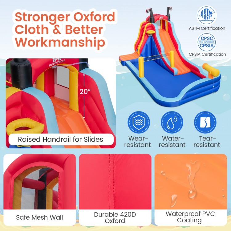 5-in-1 inflatable bounce house featuring two water slides, splash pool, and durable 420D Oxford for outdoor fun.