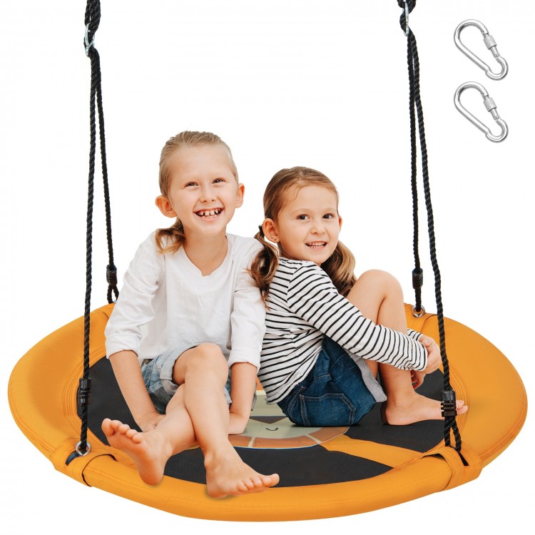 Round 40-inch yellow saucer tree swing with two kids sitting, featuring adjustable ropes and solid carabiners for.