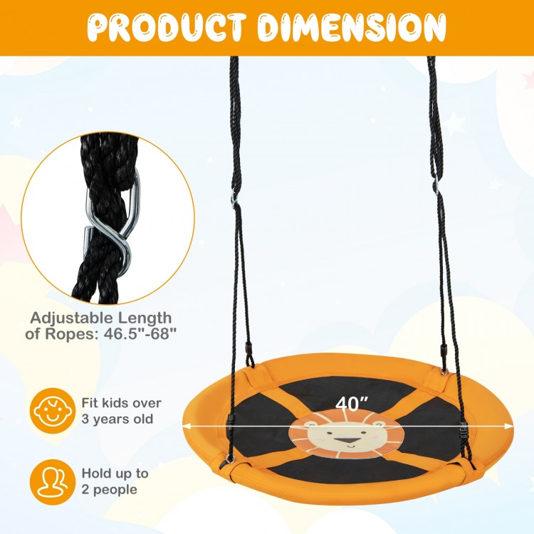 Round 40-inch yellow saucer tree swing with adjustable ropes, suitable for 2 kids, made from durable 900D oxford fabric.