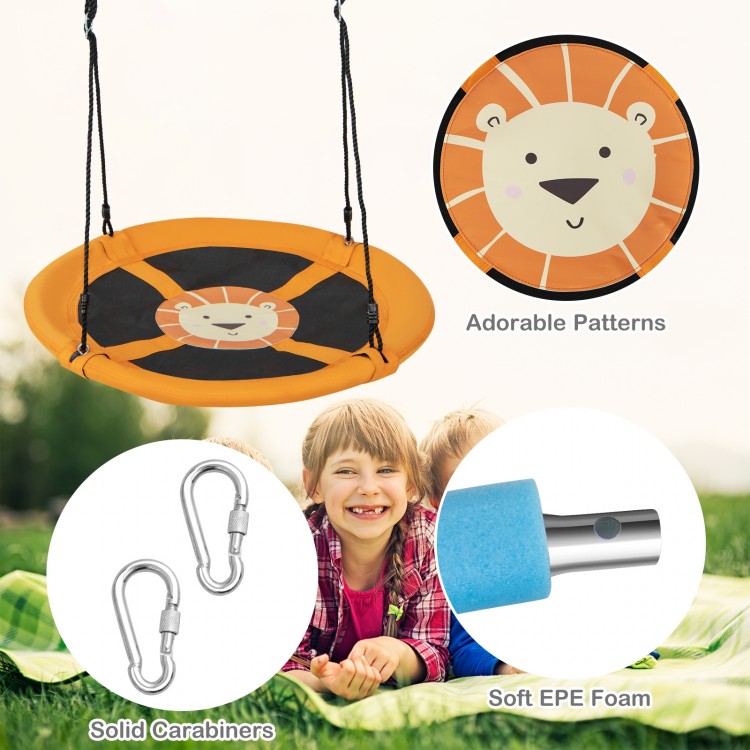 Round 40-inch yellow saucer tree swing with cute lion pattern, solid carabiners, and adjustable ropes for outdoor fun.