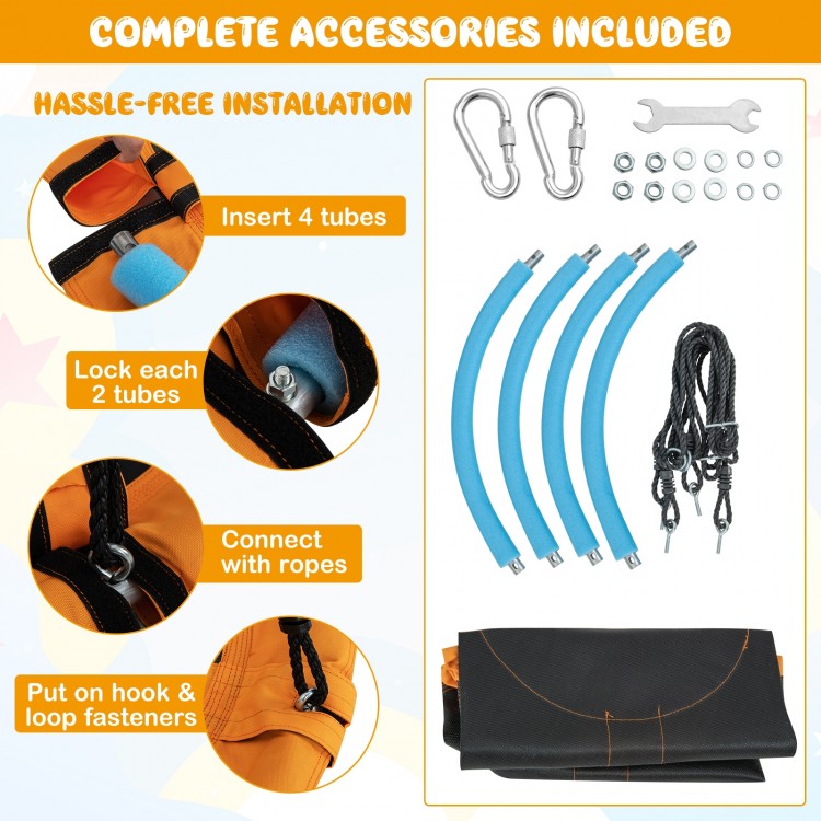 Complete accessories for the 40-inch yellow saucer tree swing, including ropes, carabiners, and installation tools.