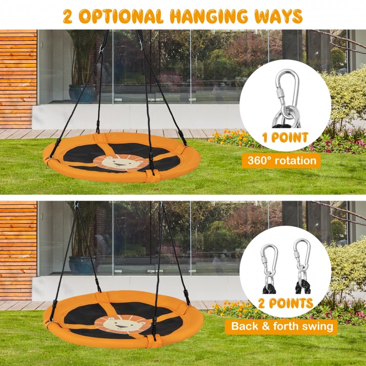 40-inch round yellow saucer tree swing with adjustable ropes, featuring 1-point and 2-point hanging options for kids.