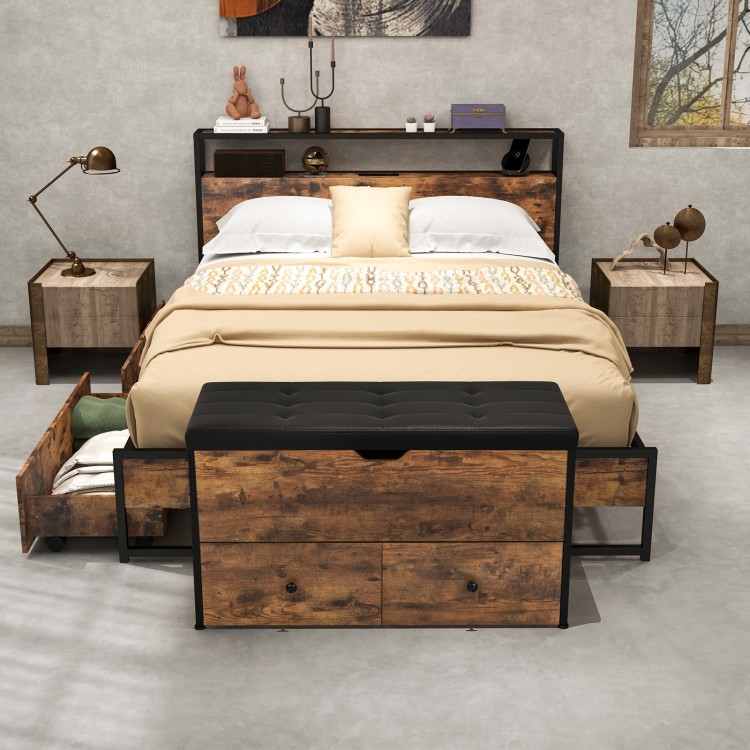 Storage ottoman bench with padded seat cushion and two drawers, featuring a brown finish for versatile home decor.