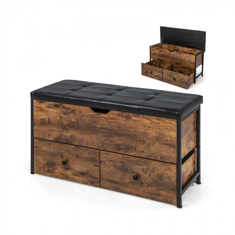 Storage ottoman bench with padded seat cushion, brown wood finish, and two drawers for entryway storage.