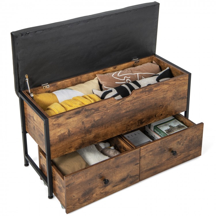 Storage ottoman bench in brown with padded seat, flip-top storage, and two drawers for entryway organization.