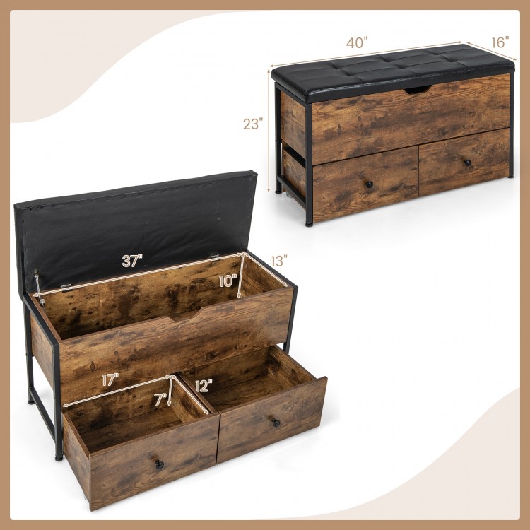 Top view of the brown storage ottoman bench with padded seat, showcasing the spacious interior and two drawer.