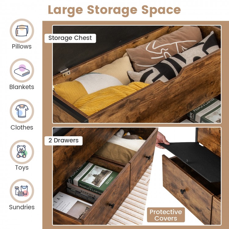 Storage ottoman bench in brown with padded seat, flip-top storage chest, and two drawers for versatile organization.