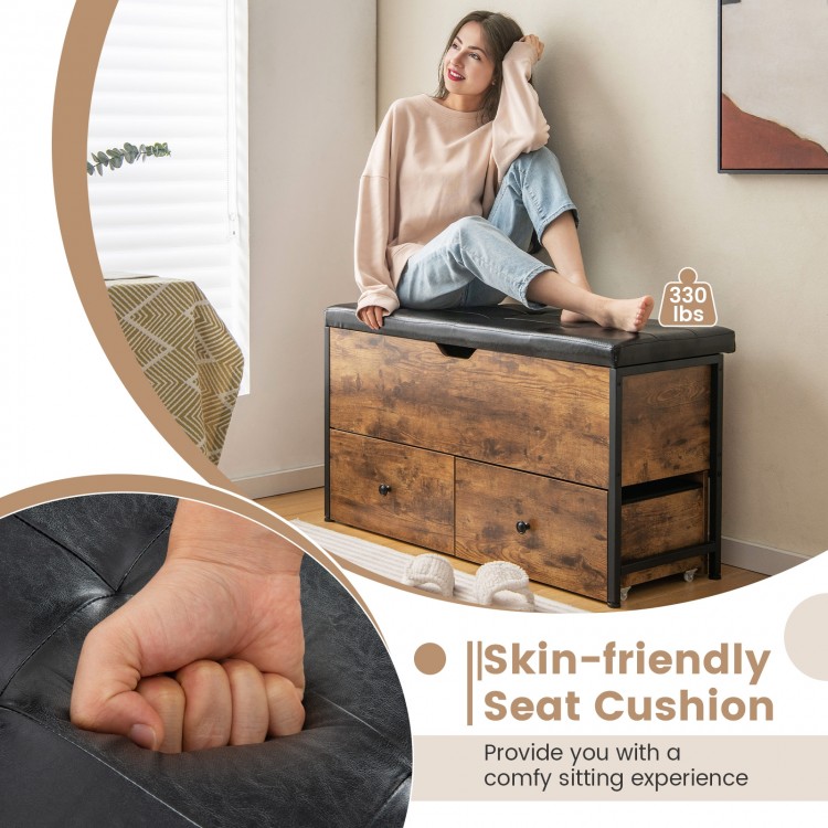 Storage ottoman bench in brown with padded seat cushion and two drawers, perfect for entryway storage and comfort.