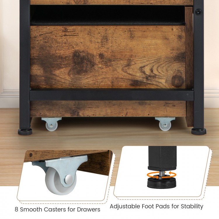 Close-up of smooth casters and adjustable foot pads on a brown storage ottoman bench with padded seat and drawers.