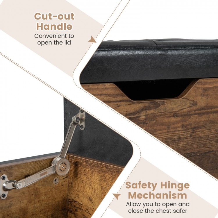Close-up of the cut-out handle and safety hinge mechanism on the brown storage ottoman bench for easy access and safety.