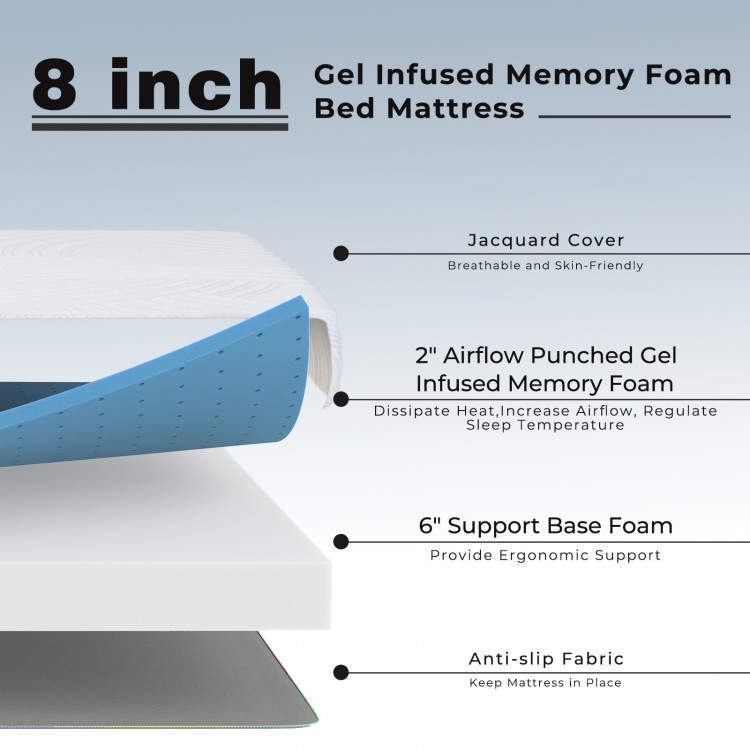 8-inch gel-infused memory foam mattress with jacquard cover, featuring breathable design and non-slip base for ultimate.