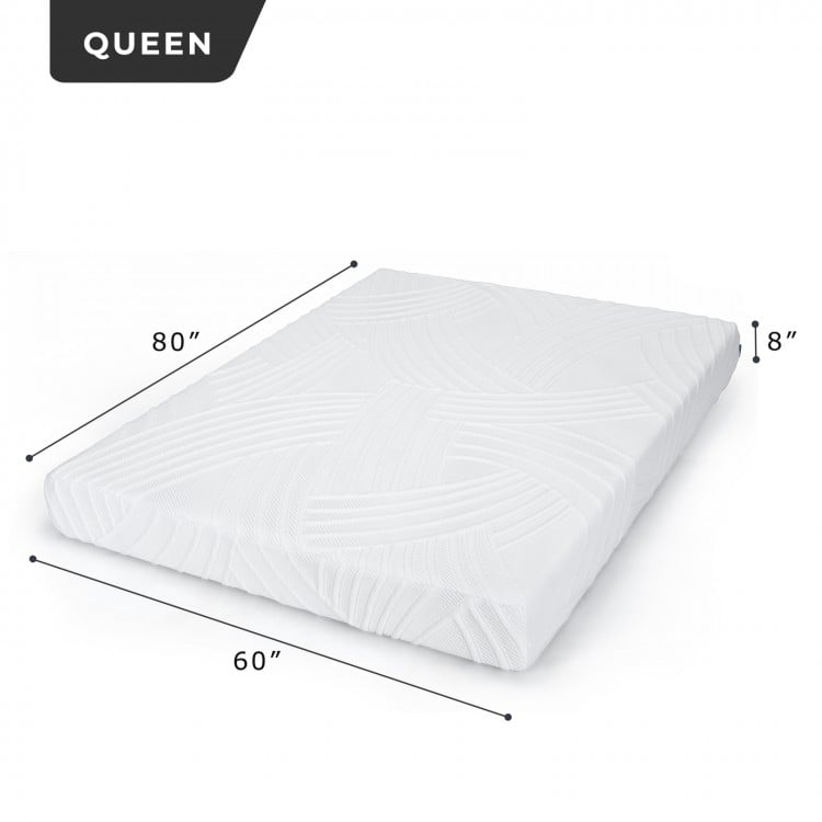 Queen size 8-inch memory foam mattress with cooling gel infusion and poly jacquard fabric cover for optimal comfort.