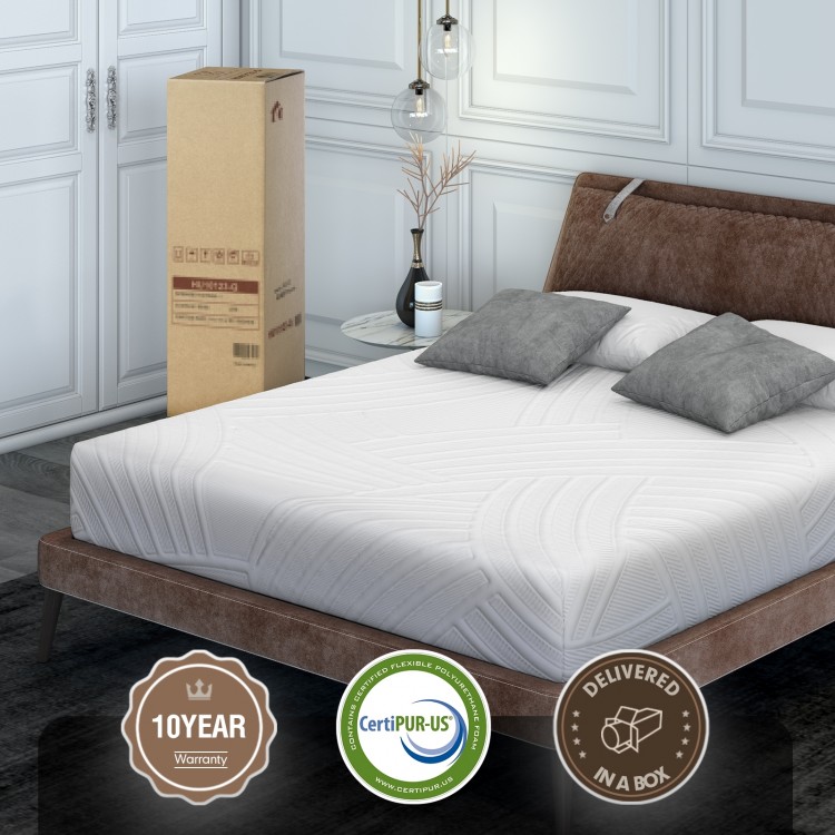 8-inch queen memory foam mattress with poly jacquard cover, cooling gel infusion, and CertiPUR-US certified materials.