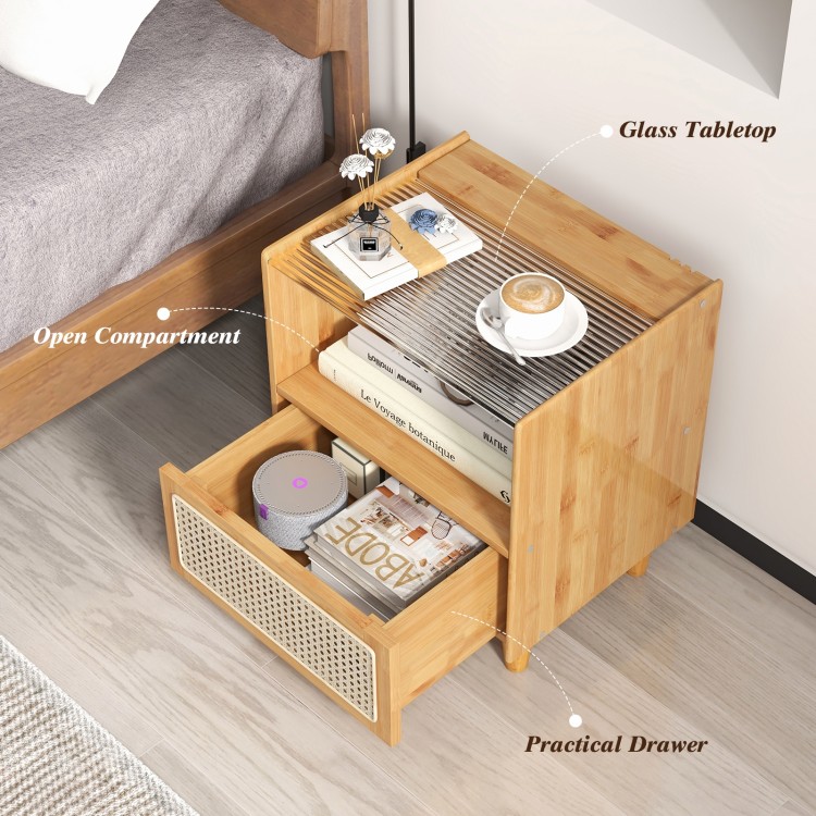 Bamboo rattan nightstand featuring a glass tabletop, open compartment, and practical drawer for stylish storage.