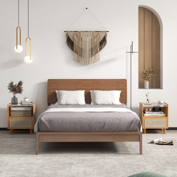 Bamboo rattan nightstand with drawer and solid wood legs, featuring cable management slots and a stylish glass tabletop.