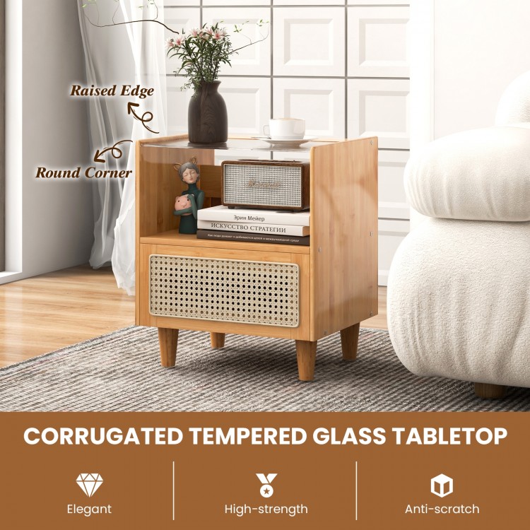 Bamboo rattan nightstand with drawer, corrugated tempered glass tabletop, and solid wood legs for stylish storage.