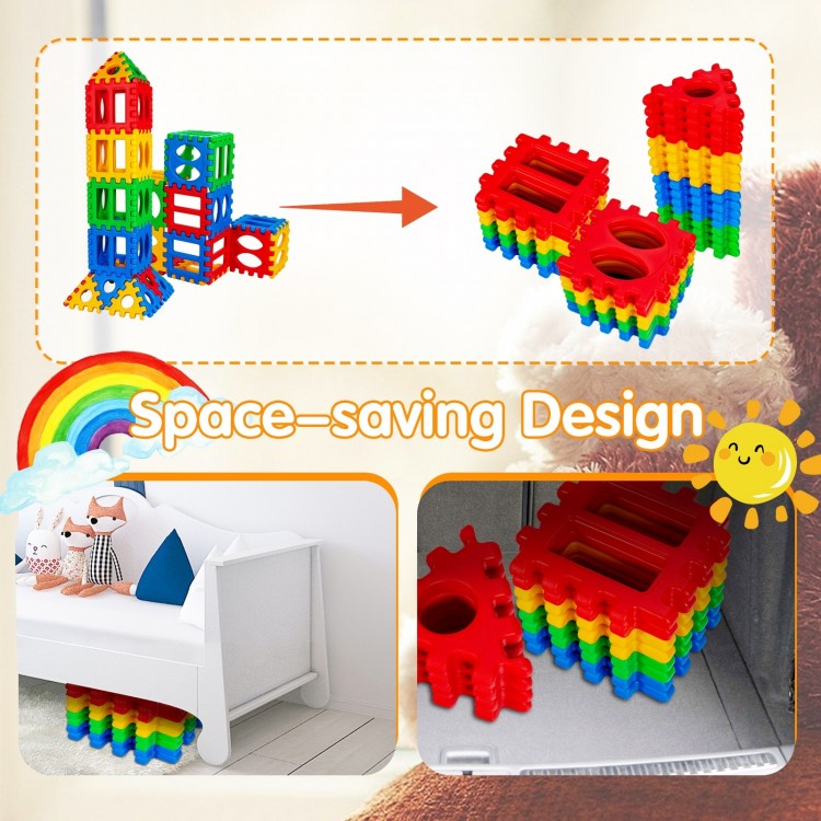 Colorful 32-piece big waffle block set for kids, featuring a space-saving design for easy storage and creative play.
