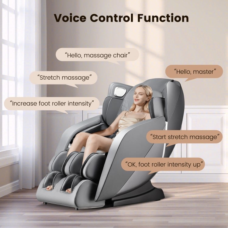 Provox 27-Comfort 2D Full Body Massage Chair in gray, featuring voice control and 12 auto massage modes for relaxation.