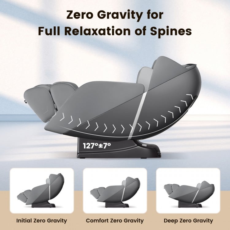 Provox 27-Comfort 2D massage chair in gray showing zero gravity position for full spine relaxation and comfort.