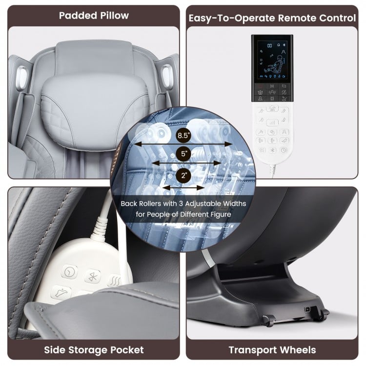 Close-up of the Provox 27-Comfort massage chair features, including remote control, side storage pocket, and adjustable.