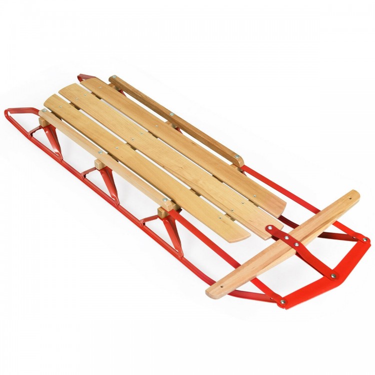 Kids wooden snow sled with metal runners and steering bar, 54 inches long, designed for smooth sliding in snow.