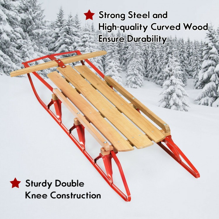 54-inch kids wooden snow sled with metal runners, steering bar, and durable curved wood for smooth sliding in snow.
