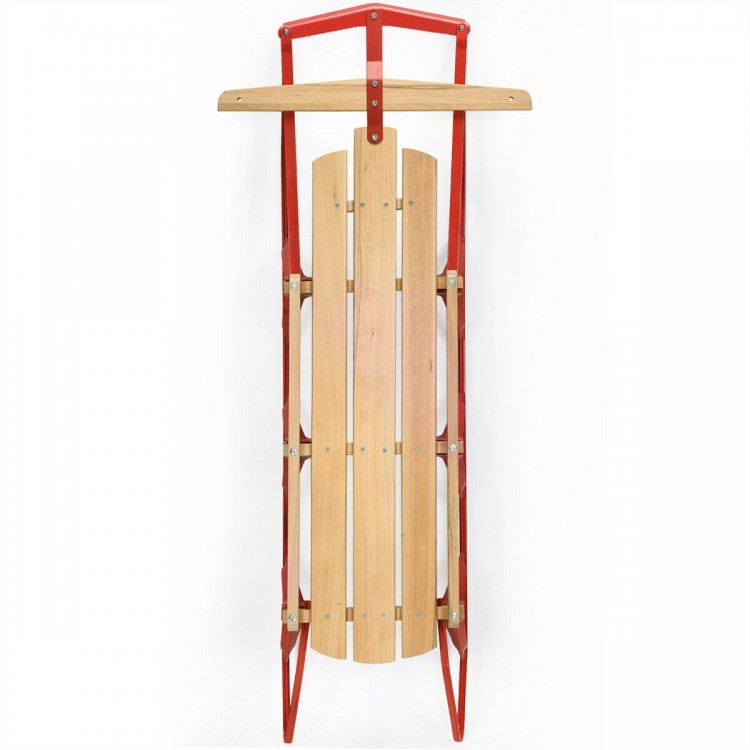Folded 54-inch kids wooden snow sled with red metal frame, featuring a steering bar for easy control and storage.