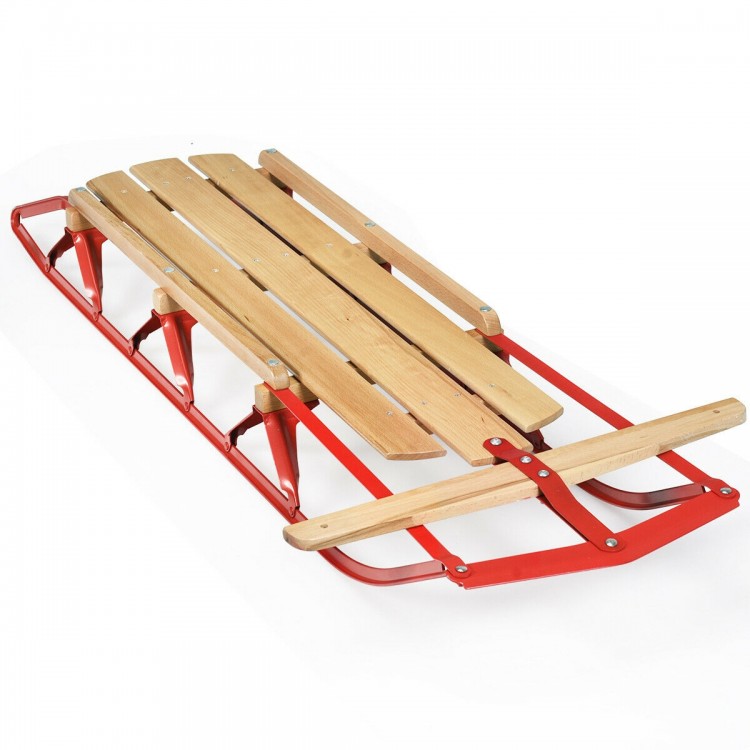 54-inch kids wooden snow sled with metal runners and steering bar, featuring a sturdy design for smooth sliding in snow.