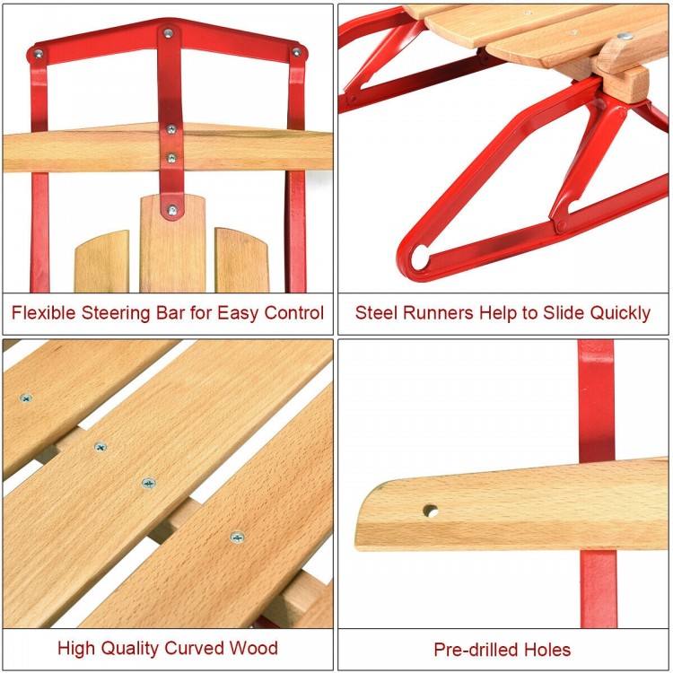 Kids wooden snow sled with metal runners, flexible steering bar, and pre-drilled holes for easy control and pulling.